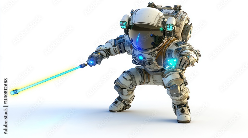 Poster a futuristic astronaut wielding a glowing energy weapon in a dynamic pose.