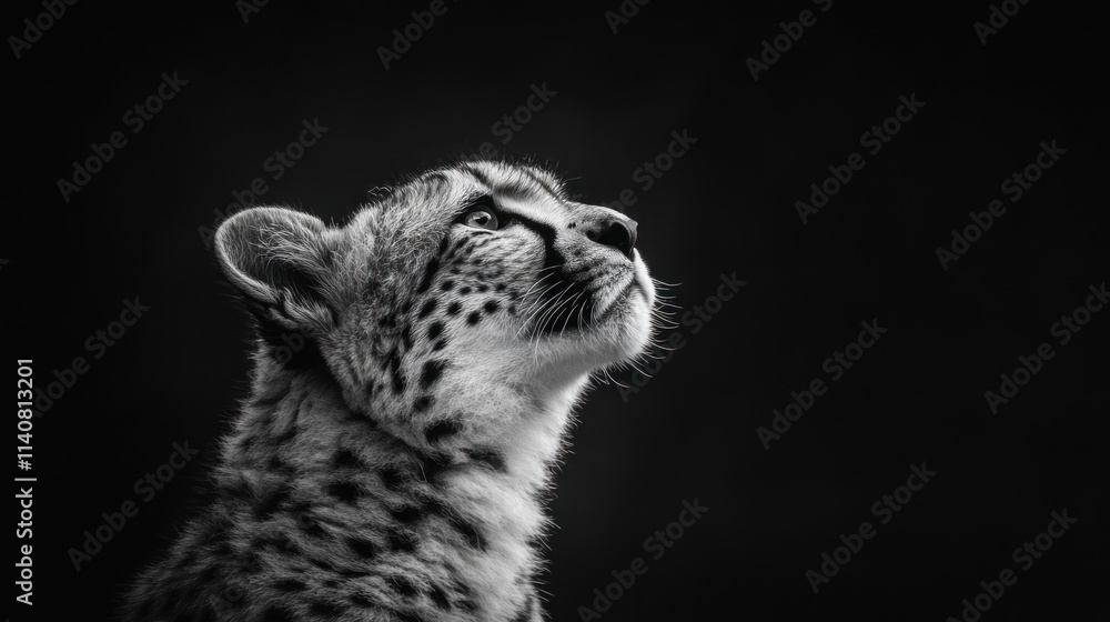 Poster a black and white image of a leopard cub gazing upwards, evoking curiosity and wonder.
