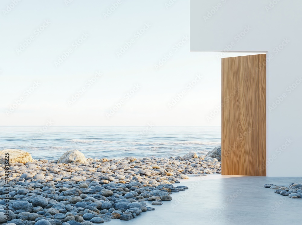 Poster a serene scene featuring an open door leading to a tranquil beach and calm sea.