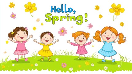 Joyful Springtime: Four Girls Celebrating the Season's Arrival