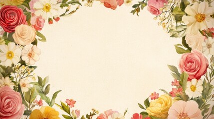 Floral Wreath on Plain Canvas Design a minimalistic wreath of roses, peonies, and daisies in soft spring colors, encircling a plain cream paper texture, leaving space for text in the center.