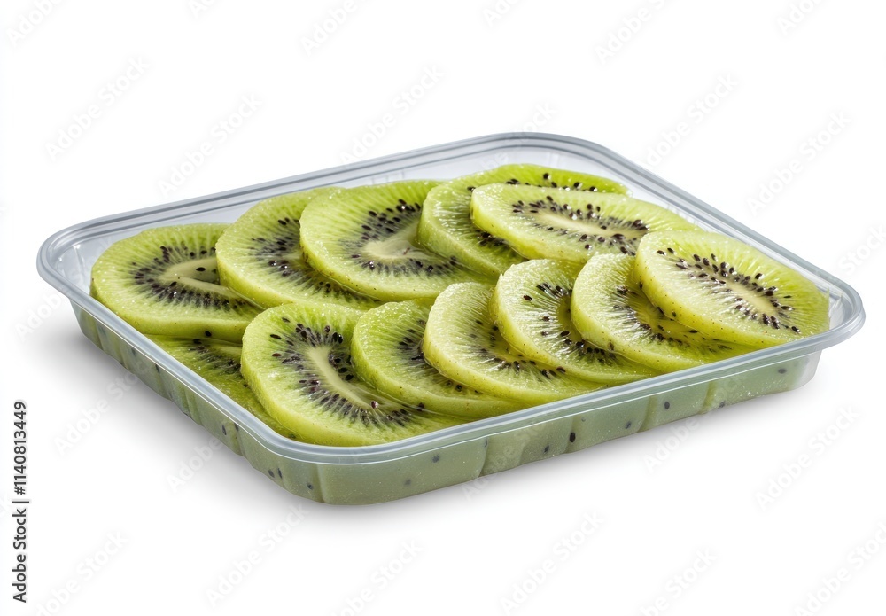 Poster a clear container filled with neatly arranged sliced kiwi fruit.
