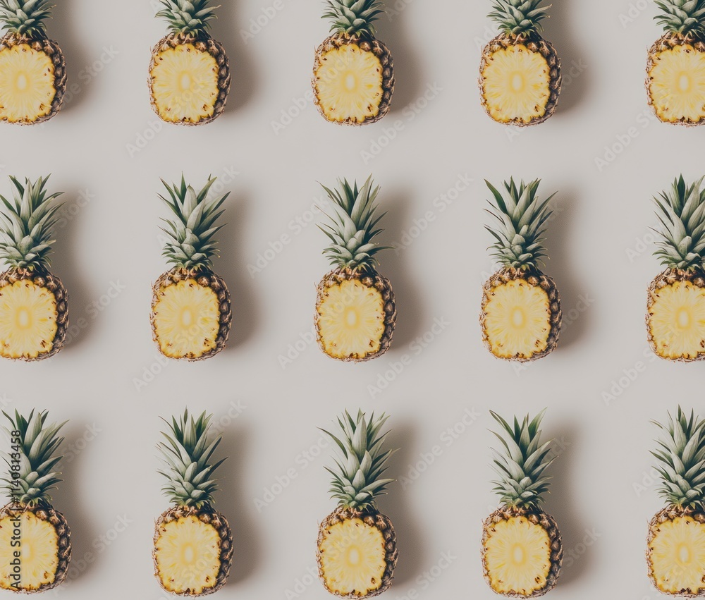 Poster a pattern of halved pineapples arranged on a light background.