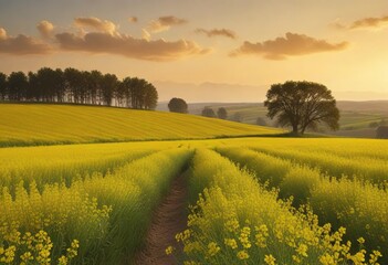 Obraz premium Landscape of a golden rapeseed field in full bloom , rapeseed, countryside