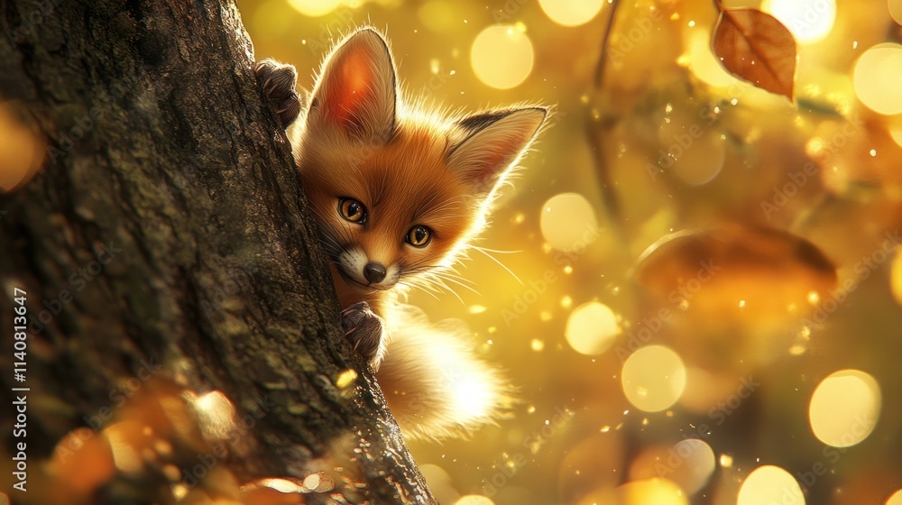 Poster a curious fox peeks from behind a tree in a vibrant autumn setting filled with golden leaves.