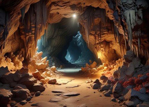 Large cavern filled with stalactites and stalagmites in the background while a narrow path leads to an empty central area, cave interior, stalagmites, large cavern