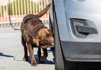 Chocolate Labrador retriever doing scent work at a vehicle