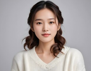 Fototapeta premium Minimalist Portrait of a Woman in a Soft White Sweater on a Clean White Background - Generative AI