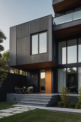 Obraz premium Modern dark gray home exterior with wood door and stone steps. Large windows and a small patio set are visible. The landscaping includes a grassy lawn and walkway.