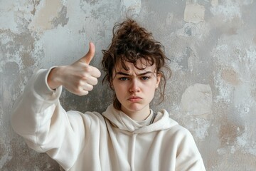 A young woman gives a thumbs-up, looking unhappy.