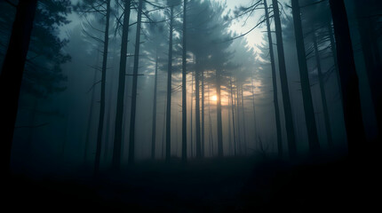 A photorealistic image of a dense fog enveloping a serene pine forest at dawn. The silhouettes of tall trees fade into the mist, with subtle rays of light piercing through the canopy. 