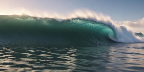 Fototapeta premium Large wave with crests breaking at the horizon, light bronze colors, sunset