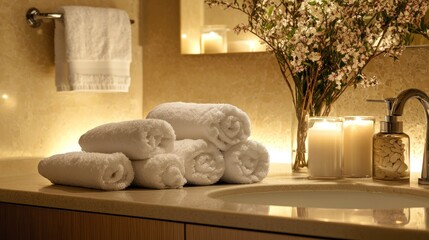 A serene luxury bathroom with ambient lighting, plush towels, and stylish decor for a spa-like experience