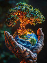 Obraz premium Surreal glowing tree growing from a hand with Earth at its roots, cascading waterfalls, magical light effects, and a mystical nature-inspired atmosphere symbolizing harmony and growth