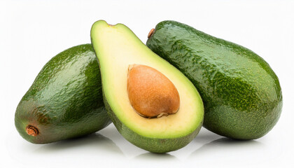 avocado, alligator pear or avocado pear - Persea americana - whole and half prized for its large and unusually oily fruit and known for a huge pit seed, isolated on white background