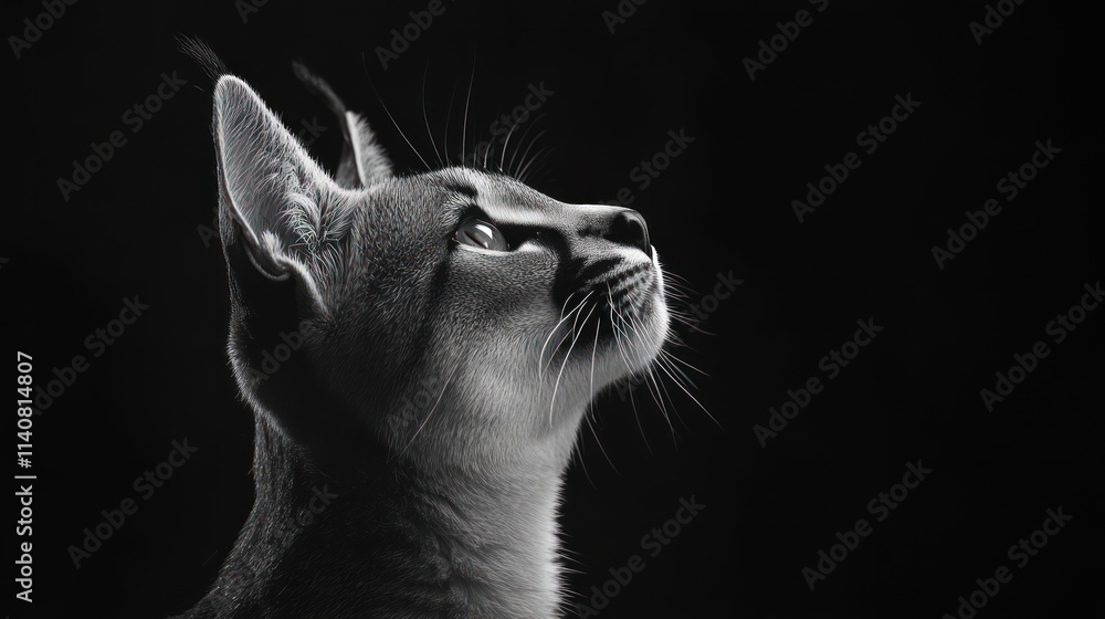 Poster a black and white portrait of a cat gazing upward, highlighting its features and expression.