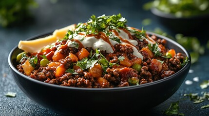 Delicious bowl of savory ground beef stew with peas, potatoes, and a creamy sauce, garnished with fresh parsley.