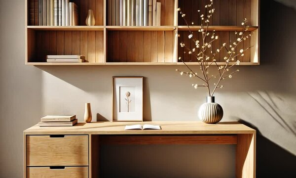Zoom in of wooden workplace with a shelf filled with books over the table, picture frame and a ceramic vase with some white flowers in sunny interior in minimalistic japanese style