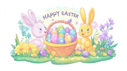 Fototapeta premium Happy Easter Bunnies with Colorful Eggs