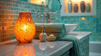 A vibrant bathroom remodel showcasing unique tile work, elegant lighting, and stylish accessories