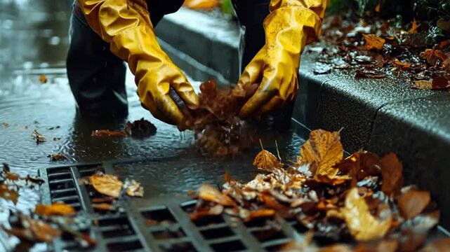 A man in yellow rubber gloves removes fallen leaves from a storm drain grate.