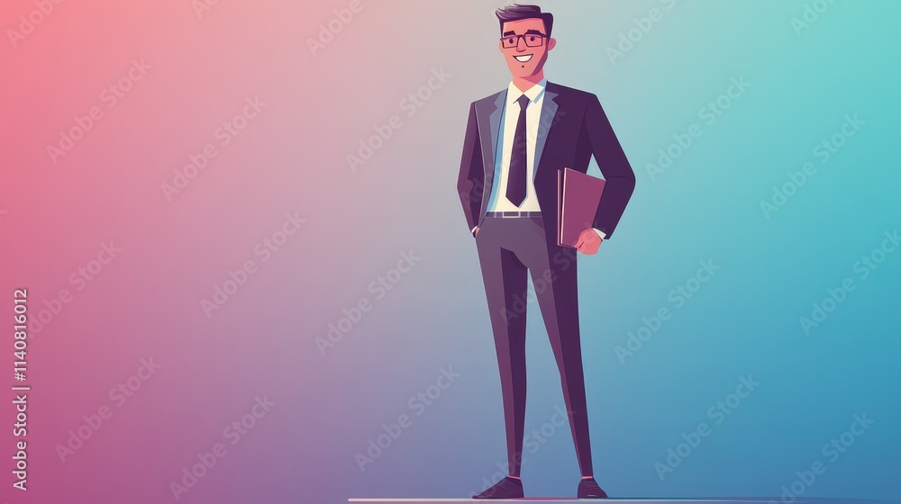 Poster man in a tailored suit stands holding a file in one hand and smiling.