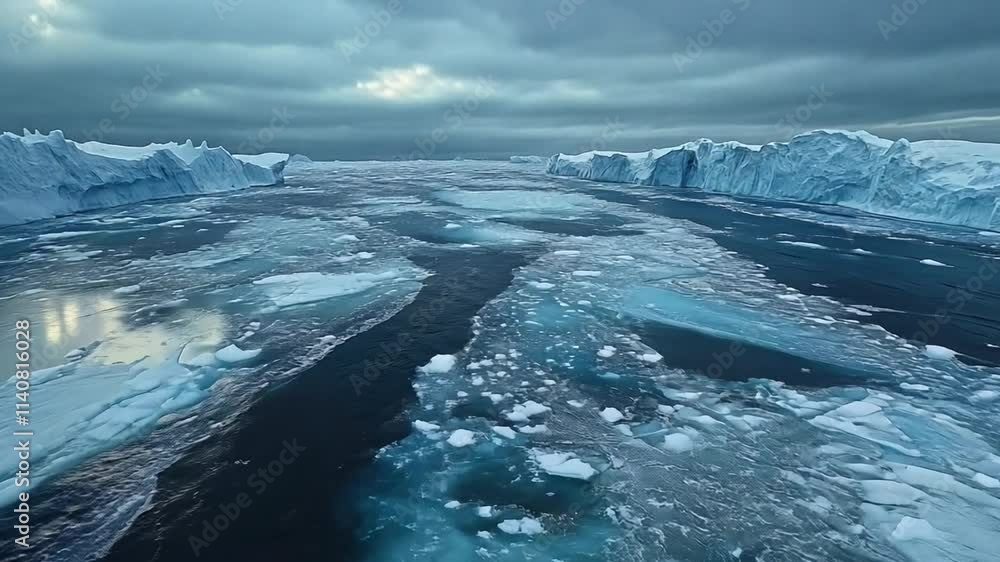 Poster icebergs drift across dark water while a cloudy sky looms overhead, creating an enchanting atmospher
