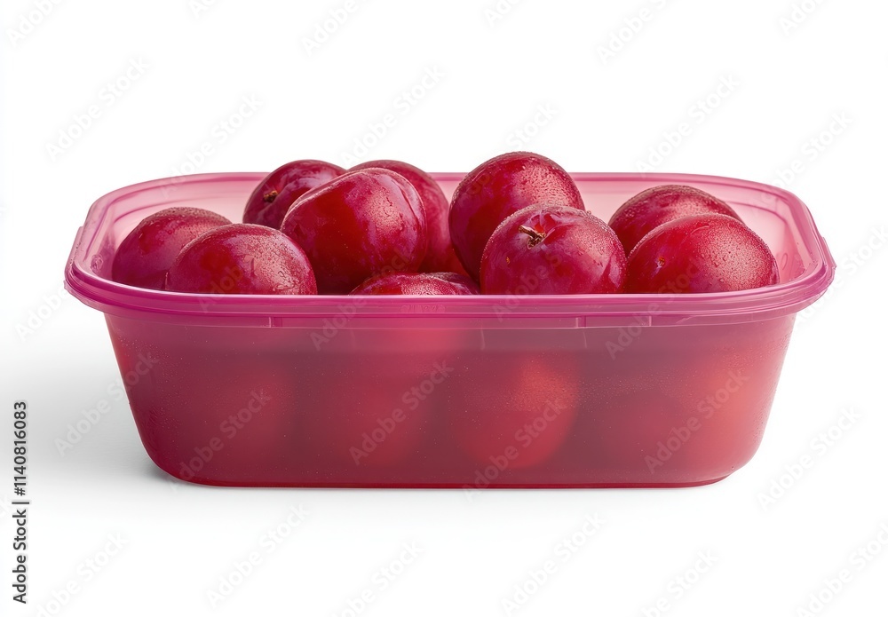 Poster a transparent container filled with shiny red plums.