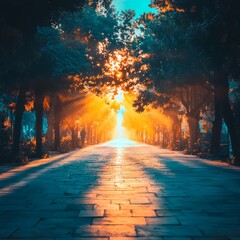 A serene pathway illuminated by sunlight through trees.