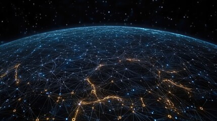 Visual of a digital earth globe illustrating global network connections against a dark cosmic background with illuminated elements