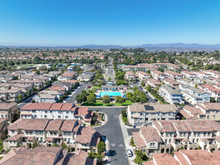 Aerial view of middle class community identical condominium apartment, Oceanside, South California,...