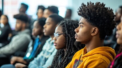 A vibrant classroom filled with Black college students listening attentively to a professor, showcasing a positive learning environment