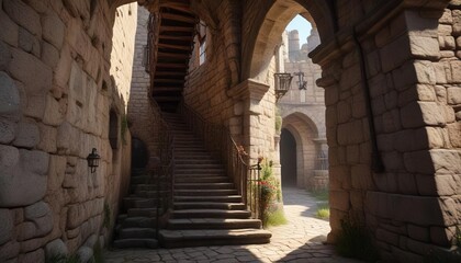 Obraz premium Medieval fortress tower with a steep staircase and narrow corridors, medieval, steep staircase, stairs