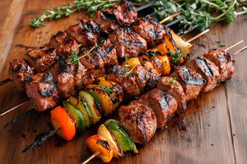 Savory grilled kebabs served on wooden board with fresh herbs and colorful vegetables