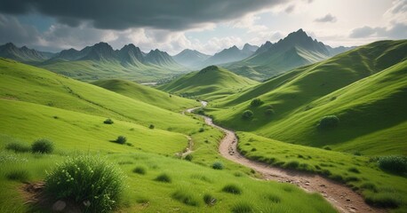 Obraz premium Miniature green landscape with small hills and valleys , greenery, countryside, environments