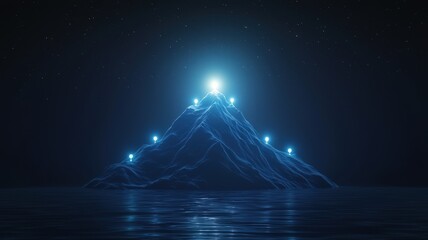 milestone and goal concept. A glowing pyramid rises from dark waters, illuminated by ethereal blue lights.