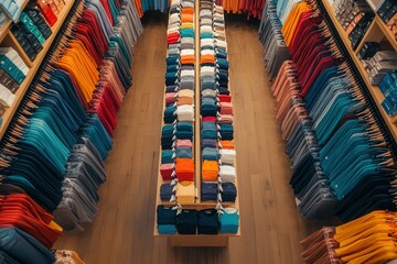 Naklejka premium Colorful display of folded clothes in retail store aisle.