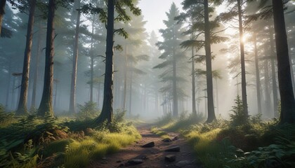 Fototapeta premium Misty dawn forest with tall trees and lush greenery, peaceful woods, nature, foliage