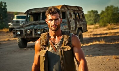 Handsome caucasian military man in summer walking towards camera