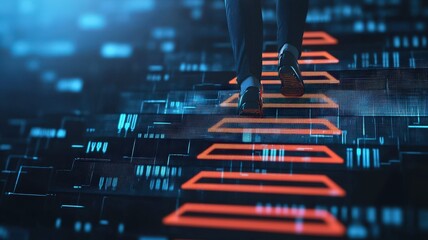 milestone and goal concept. Digital pathway illuminated by vibrant lines, suggesting technological advancement and innovation.