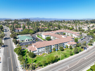Aerial view of middle class community identical condominium apartment, Oceanside, South California,...