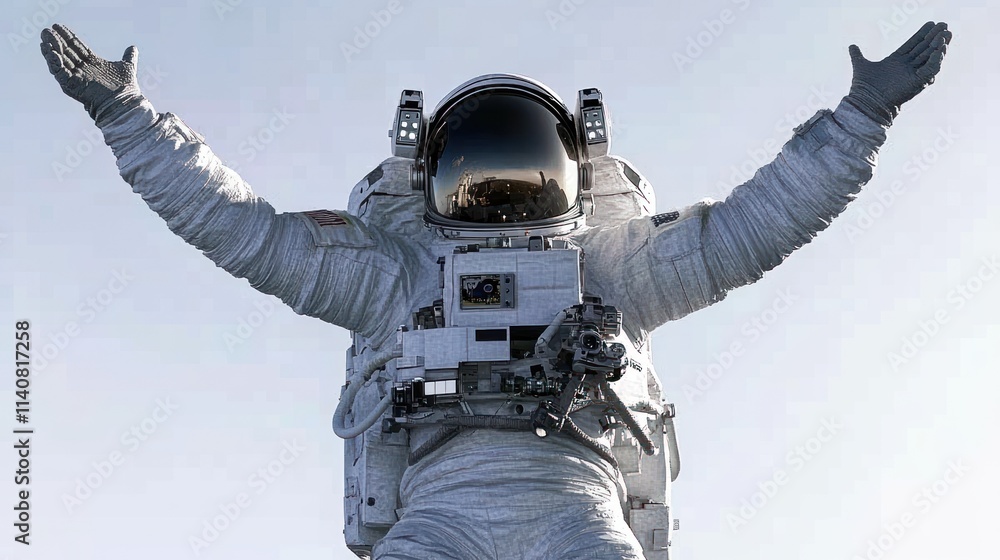 Aufkleber an astronaut in a spacesuit poses with arms raised against a clear sky.