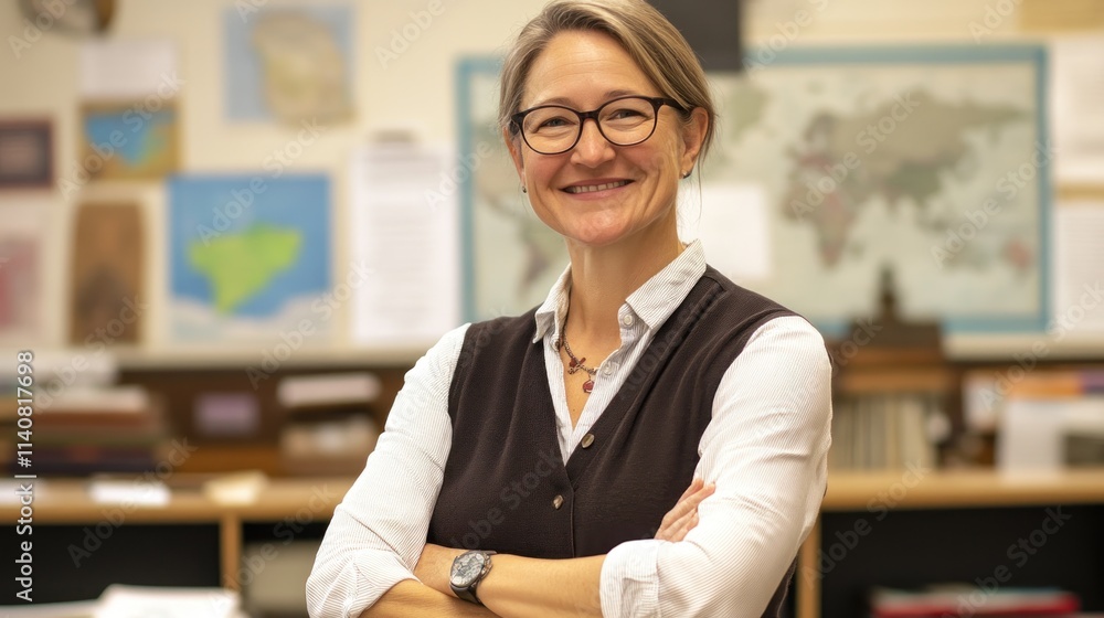 Poster smiling educator in a classroom setting with a world map in the background.