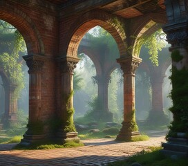 Moss-covered brick arches with ornate metalwork, archway, landscape, nature