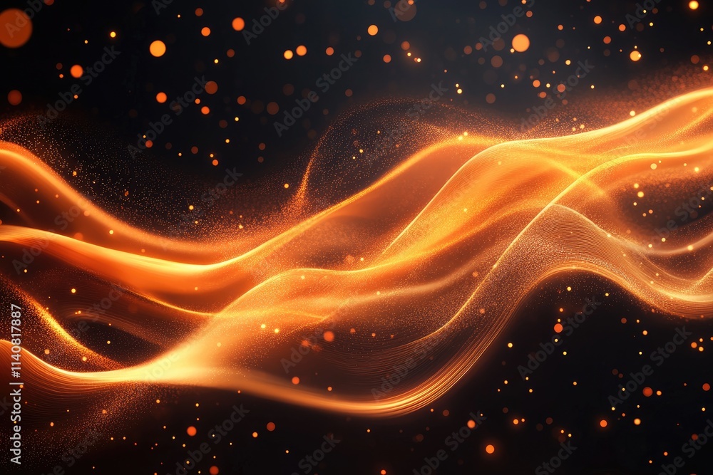 Poster golden particles flowing and forming abstract wavy lines on black background