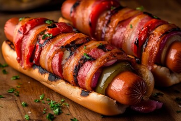 Grilled hot dogs wrapped in crispy bacon served on toasted buns with fresh toppings