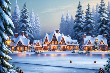Fototapeta premium Christmas Village Wallpaper, Christmas Village Landscape Scenery, Winter Village Landscape Background, Snowy Christmas Winter Village Wallpaper, Festive Winter Snow Landscape Background