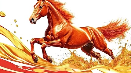 Galloping Golden Horse: A Stunning Poster for Sports Interiors Featuring Liquid Textures and Molten Gold Trails on a Vibrant White Background