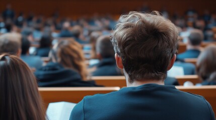 Audience attending a lecture, focusing on the back of a student.