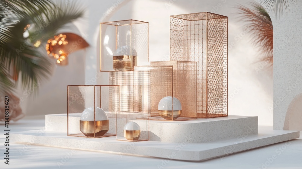 Poster A modern display of geometric shapes and decorative objects in a serene setting.